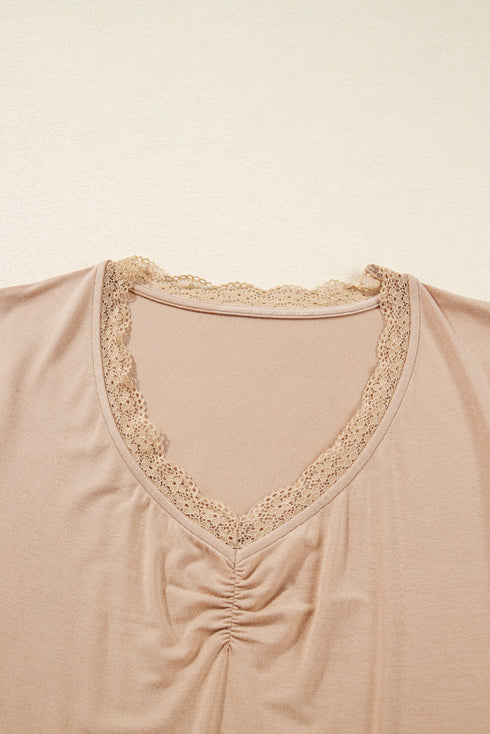 Lace Trim Sweetheart Neck Ruched Front Long Sleeve Top